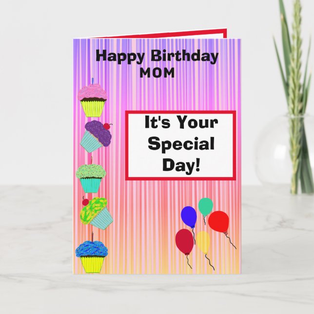 Mom Birthday Cupcakes Ombre Stripes PHOTO Card (Front)