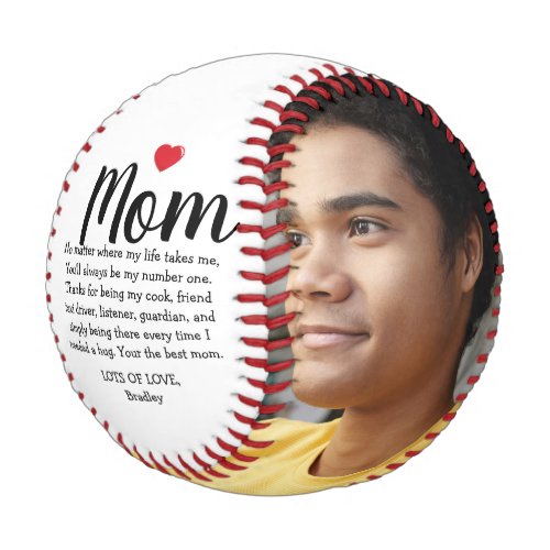 Mom Birthday - Mother's Day Photo Baseball - Personalized baseball gift featuring the the word "Mom" in a script font, a red heart, a cute paragraph about how great your mommy is, and your name. Plus 2 photos for you to customize with your own. This editable baseball gift makes a great present for a mother/step mom on mother's day or her birthday!