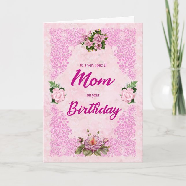 Mom Birthday with Pink Roses Card (Front)