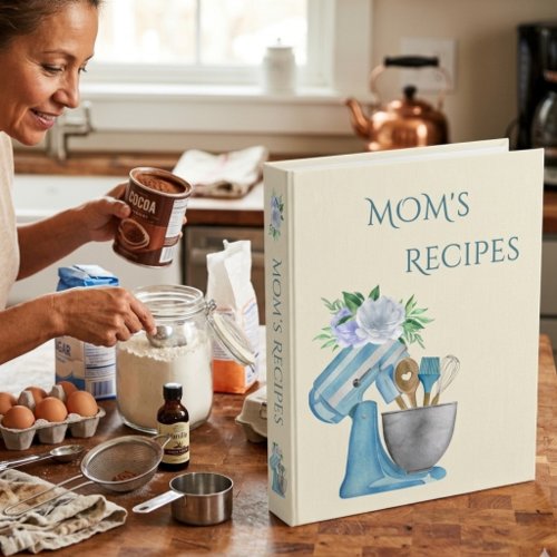 Mom Blue Floral Mother's Day Keepsake Recipe 3 Ring Binder