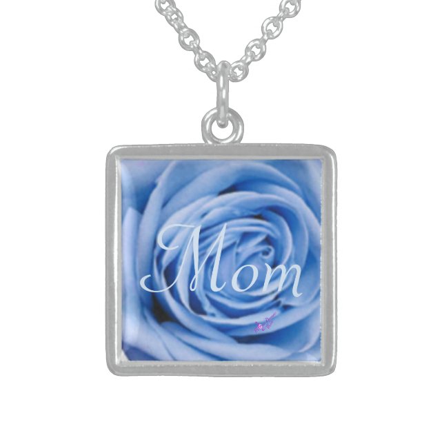 "Mom" Blue Rose Silver Square Necklace (Front)