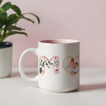 Mom Blush Pink Floral Bubble Lettering Heart Photo Two-Tone Coffee Mug<br><div class="desc">Give a beautiful and memorable gift for mom with our personalized MOM photo mug. Our design features a wrap-around design with "MOM" in blush pink floral pattern bubble lettering. The letter "O" is replaced with a custom heart photo to display your own special photo. This special mug is the perfect...</div>
