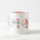 Mom Blush Pink Floral Bubble Lettering Heart Photo Two-Tone Coffee Mug (Front Left)