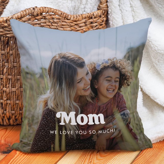 Mom | Boho Text Overlay with Two Photos Throw Pillow (Creator Uploaded)