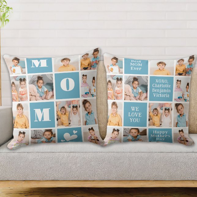 MOM Bold Modern 12 Photo Collage Mother's Day Throw Pillow (Creator Uploaded)
