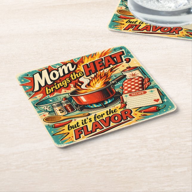 Mom brings the heat square paper coaster (Angled)