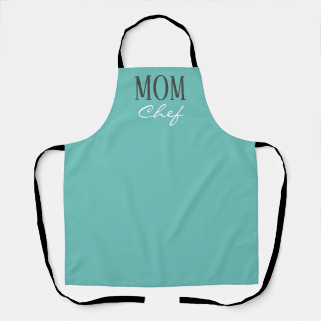 Mom Chef Modern Teal White Script Kitchen Apron (Front)