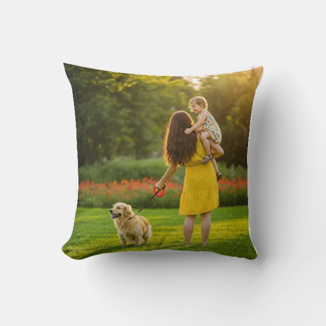 Mom, Child, and Dog in Sunny Park Throw Pillow (Front)