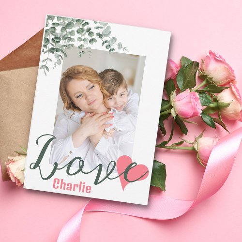 Mom Child Picture Leaves Pink Heart Mothers Day Holiday Card