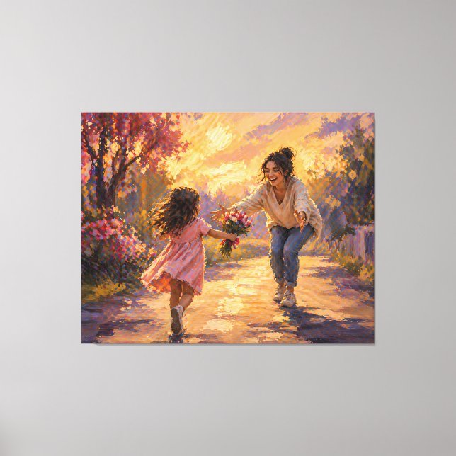 Mom Child Running With Flowers Canvas Art (Front)