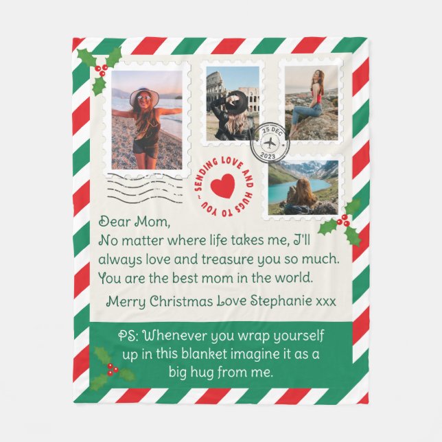 Mom Christmas Letter Photo Collage Hug Fleece Blanket (Front)