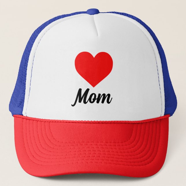 Mom - Classic Red Heart Typography Trucker Hat (Front)