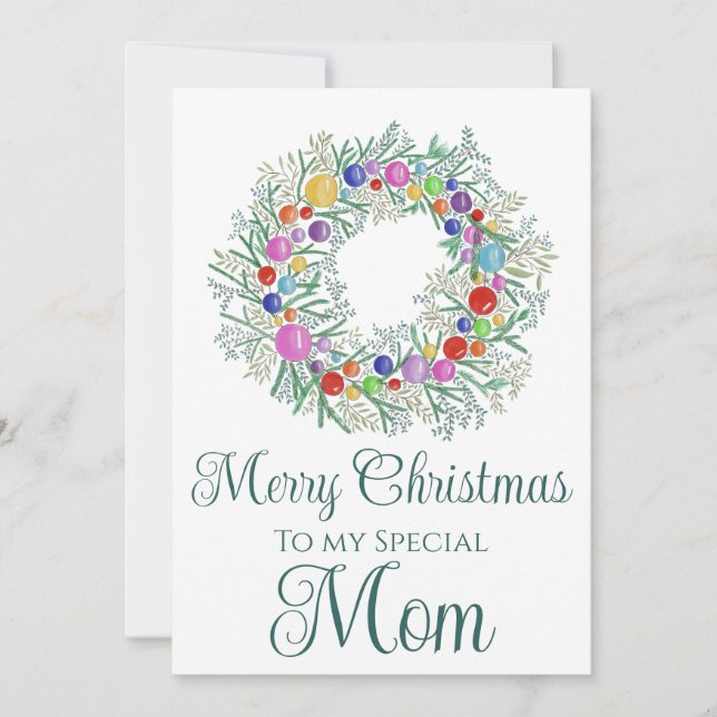 Mom Colorful Christmas Wreath Holiday Card (Front)