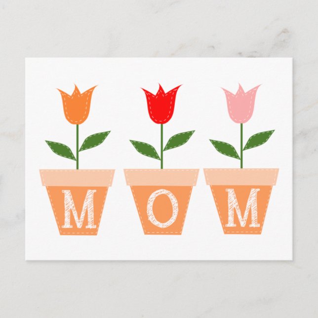 MOM (Colorful Tulips in Clay Flower Pots) Postcard (Front)
