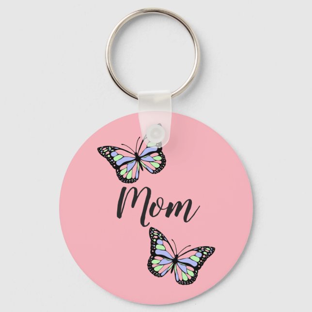 Mom Cursive Script Pink and Black Cute Butterflies Keychain (Front)