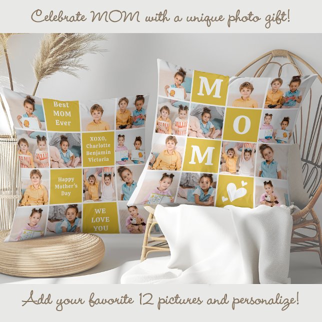 MOM Custom 12 Photo Collage Modern Marigold Yellow Throw Pillow (Creator Uploaded)