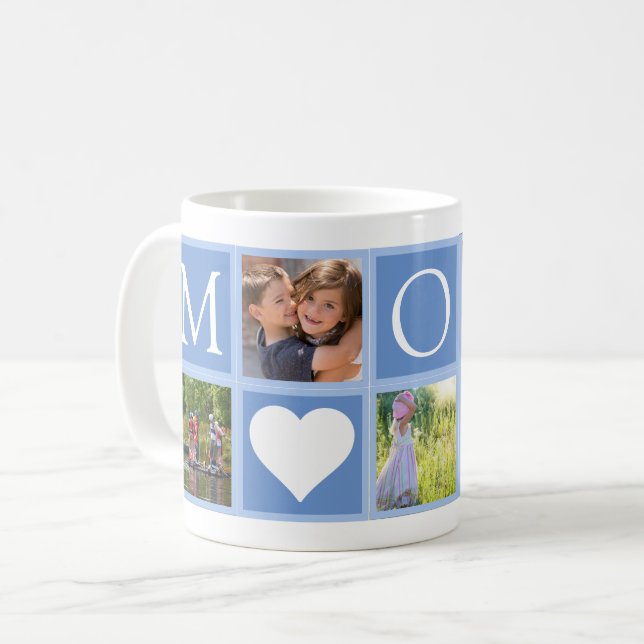 Mom Custom 5 Photos Hearts Blue Coffee Mug (Front Left)