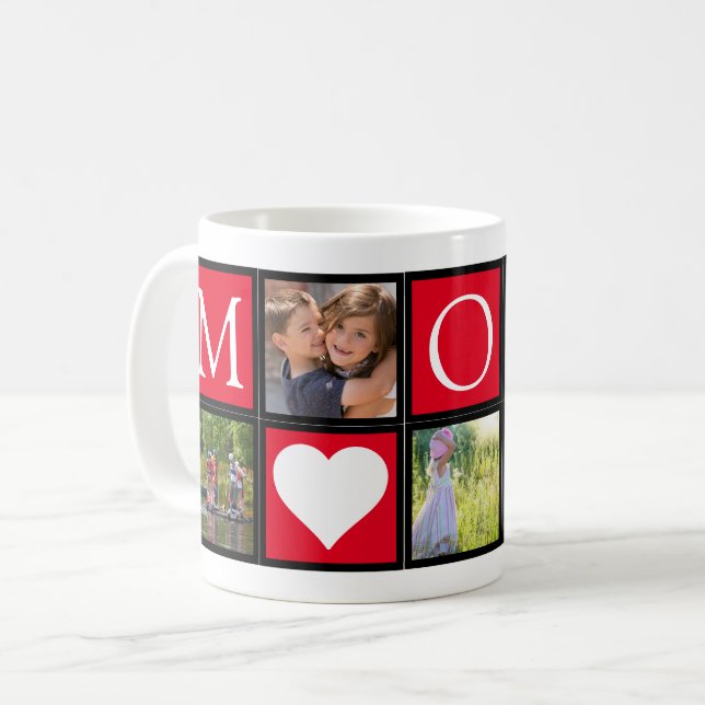 Mom Custom 5 Photos Hearts Red Coffee Mug (Front Left)