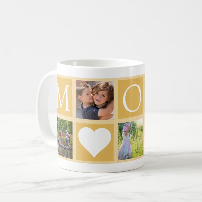 Mom Custom 5 Photos Hearts Yellow Coffee Mug (Front Left)