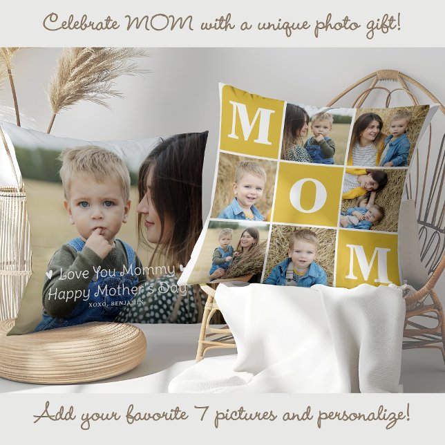 MOM Custom Cute 7 Photo Collage Marigold Yellow Throw Pillow (Creator Uploaded)