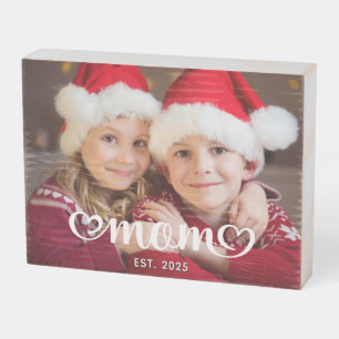 Mom Cute Hearts Script Holiday Photo Wooden Box Sign