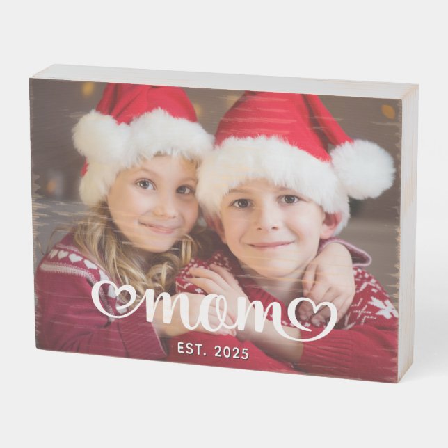 Mom Cute Hearts Script Holiday Photo Wooden Box Sign (Angled Horizontal)
