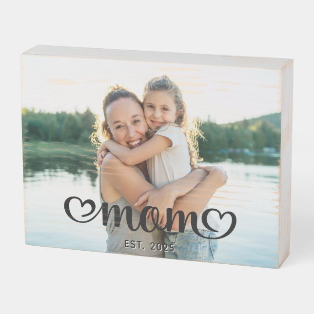 Mom Cute Hearts Script Photo Wooden Box Sign (Angled Horizontal)
