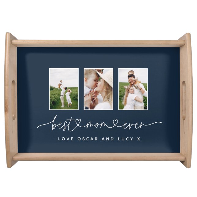 Mom cute modern script multi photo gift serving tray (Front)