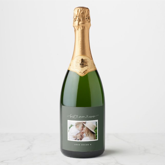 Mom cute modern script photo gift  sparkling wine label (Front)