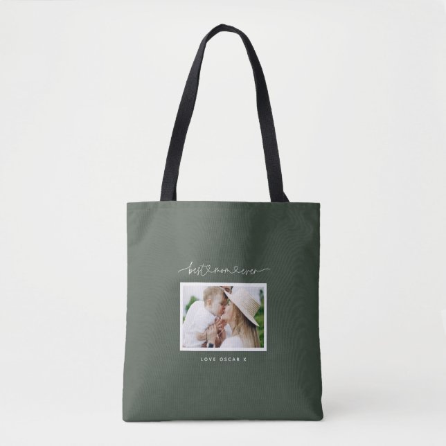 Mom cute modern script photo gift tote bag (Front)