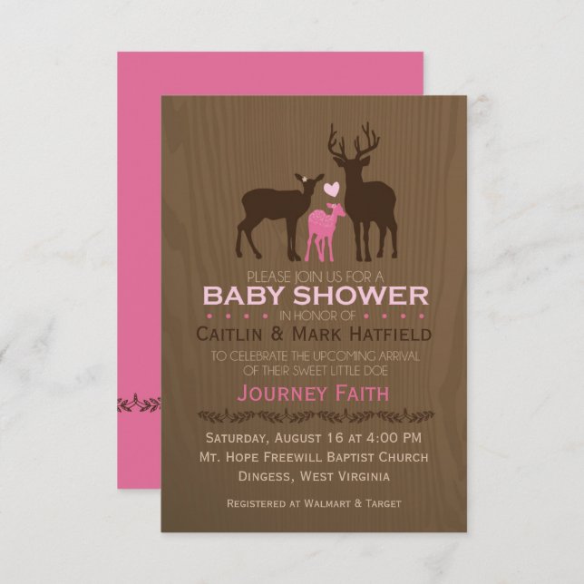 Mom, Dad & Baby Girl Deer Pink Baby Shower Invite (Front/Back)