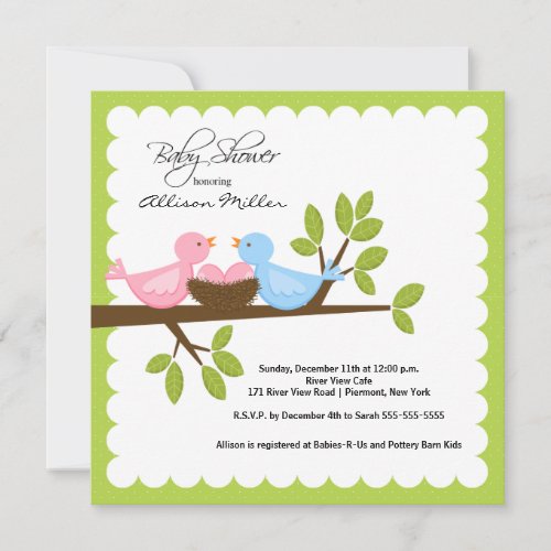 Mom Dad Birds with TWINGirls Multiple Baby Shower Invitation