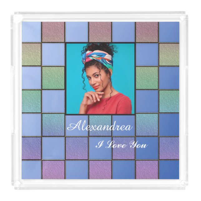 Mom Dad Blue Squares Pattern Photo Personalize  Acrylic Tray (Front)