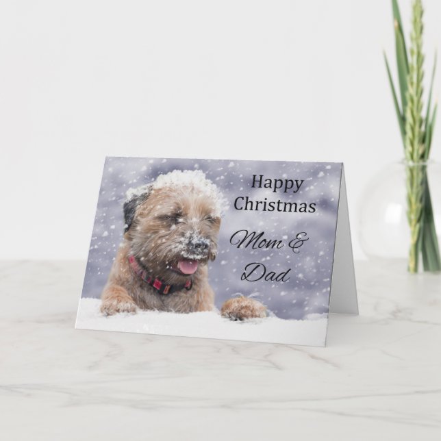 Mom & Dad Border Terrier Dog In The Snow Holiday Card (Front)