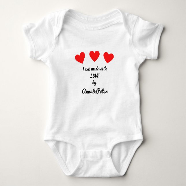 Mom & Dad custom name Made with love three hearts Baby Bodysuit (Front)