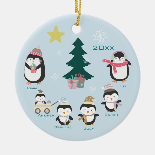 Mom, Dad & Four Children ~ Penguins Ceramic Ornament (Front)
