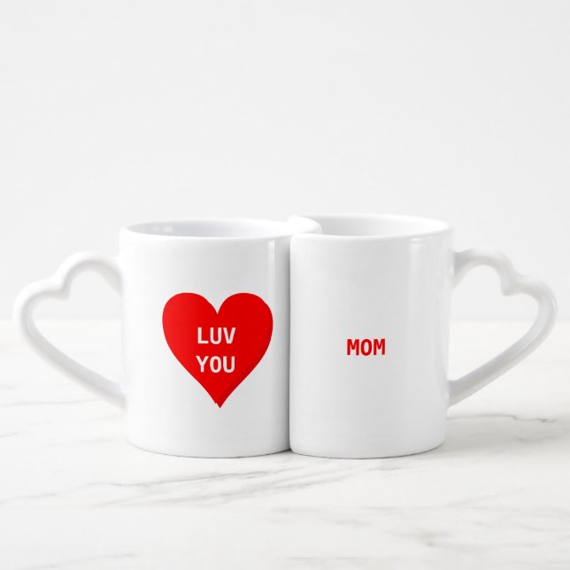 Mom & Dad Lovers' Mugs Red Hearts Luv You Cups (Front Nesting)