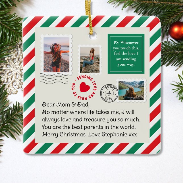 Mom & Dad Merry Christmas Letter Photo Collage  Ceramic Ornament (Creator Uploaded)