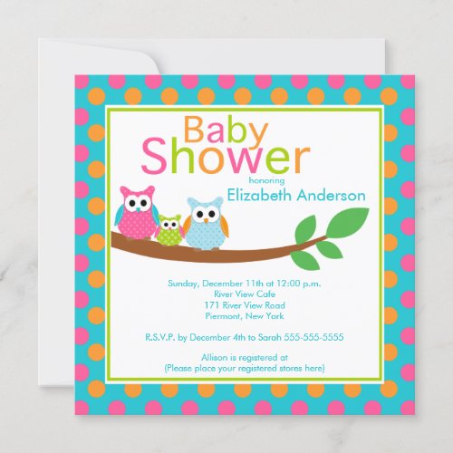 Mom &amp; Dad Owls with Baby Owl Boy Baby Shower Personalized Invitations