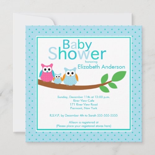 Mom &amp; Dad Owls with Baby Owl Boy Baby Shower Invite