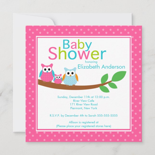 Mom & Dad Owls with Baby Owl Girl Baby Shower Invitation (Front)