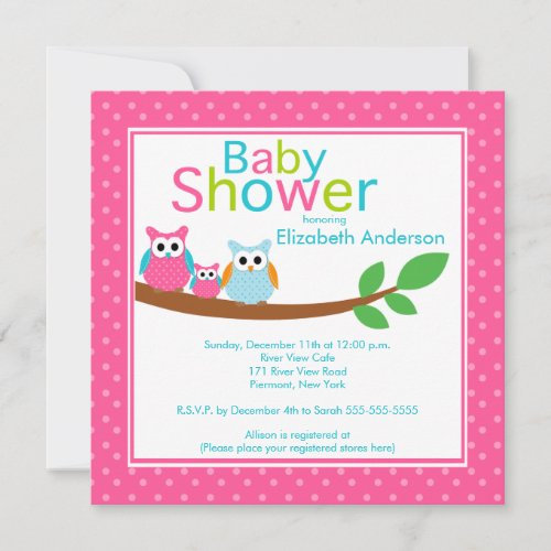 Mom &amp; Dad Owls with Baby Owl Girl Baby Shower Invites