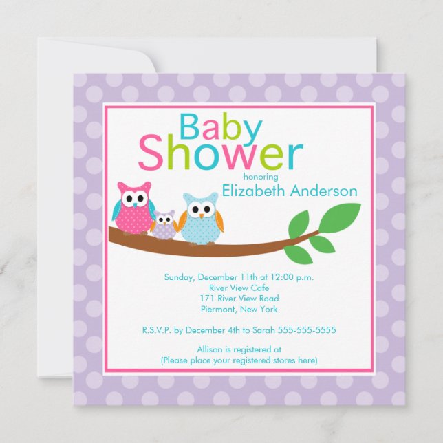 Mom & Dad Owls with Baby Owl Girl Baby Shower Invitation (Front)
