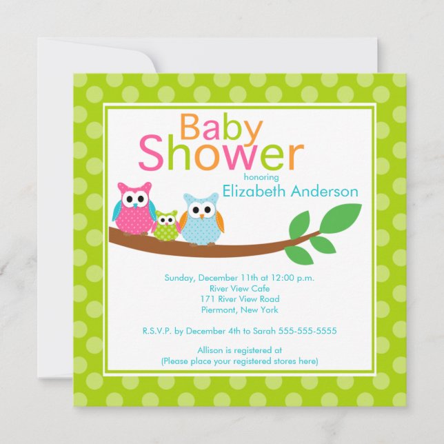 Mom & Dad Owls with Baby Owl Neutral Baby Shower Invitation (Front)
