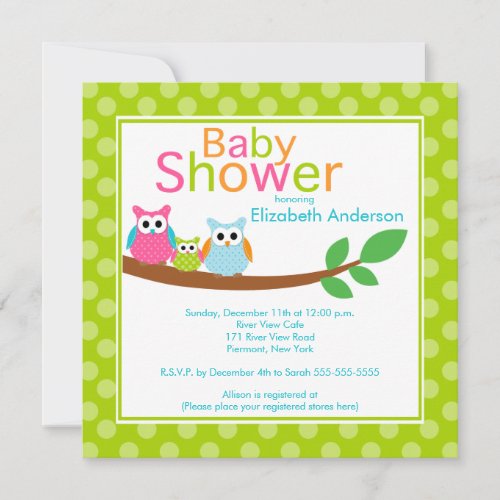 Mom &amp; Dad Owls with Baby Owl Neutral Baby Shower Invite