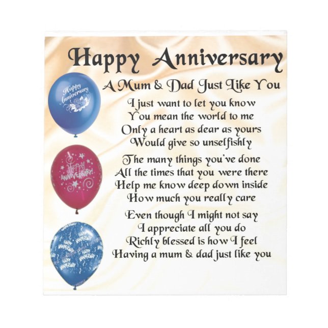 Mom & Dad Poem - Happy Anniversary - Cream Notepad (Front)