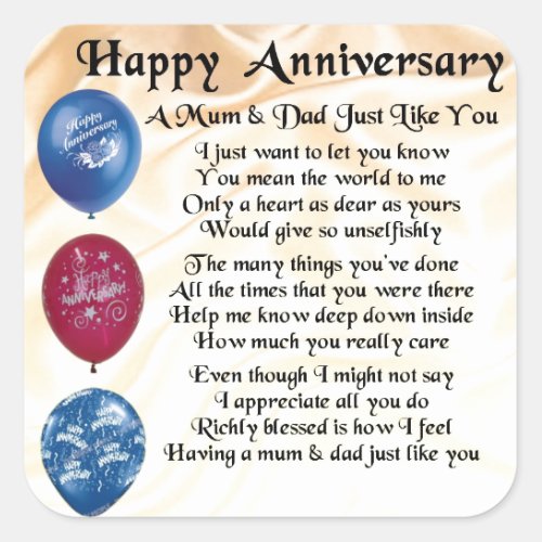 Mom  Dad Poem _ Happy Anniversary _ Cream Square Sticker