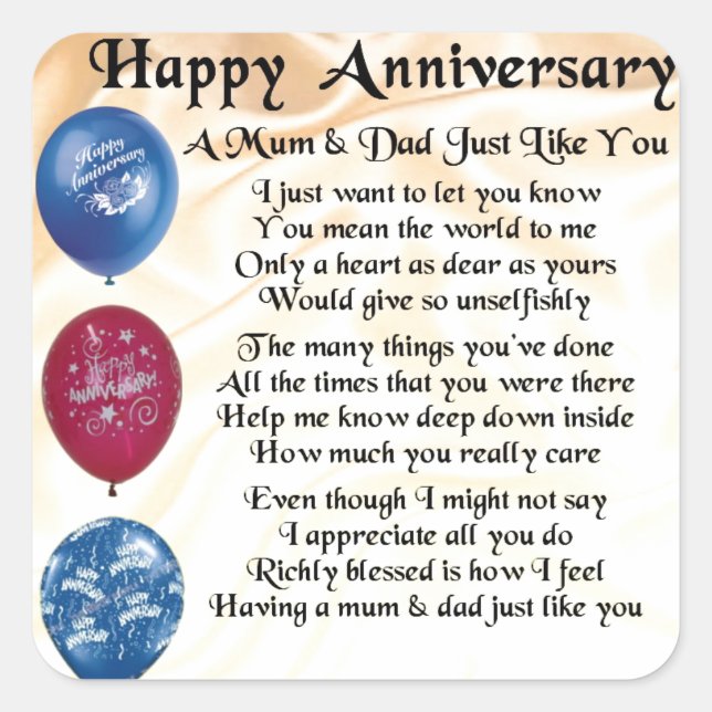 Mom & Dad Poem - Happy Anniversary - Cream Square Sticker (Front)
