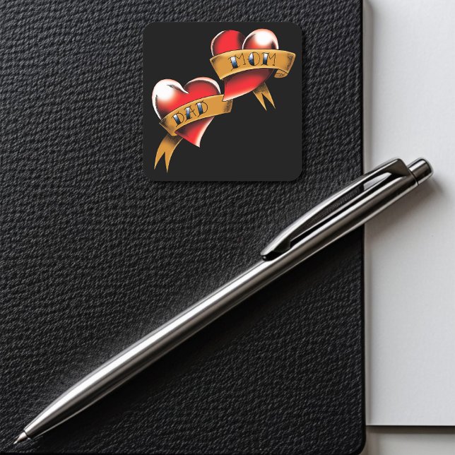 Mom Dad Red Hearts Tattoo Square Sticker (Creator Uploaded)