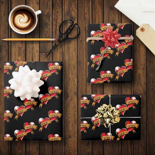 Mom Dad Red Hearts Tattoo Wrapping Paper Sheets (Creator Uploaded)